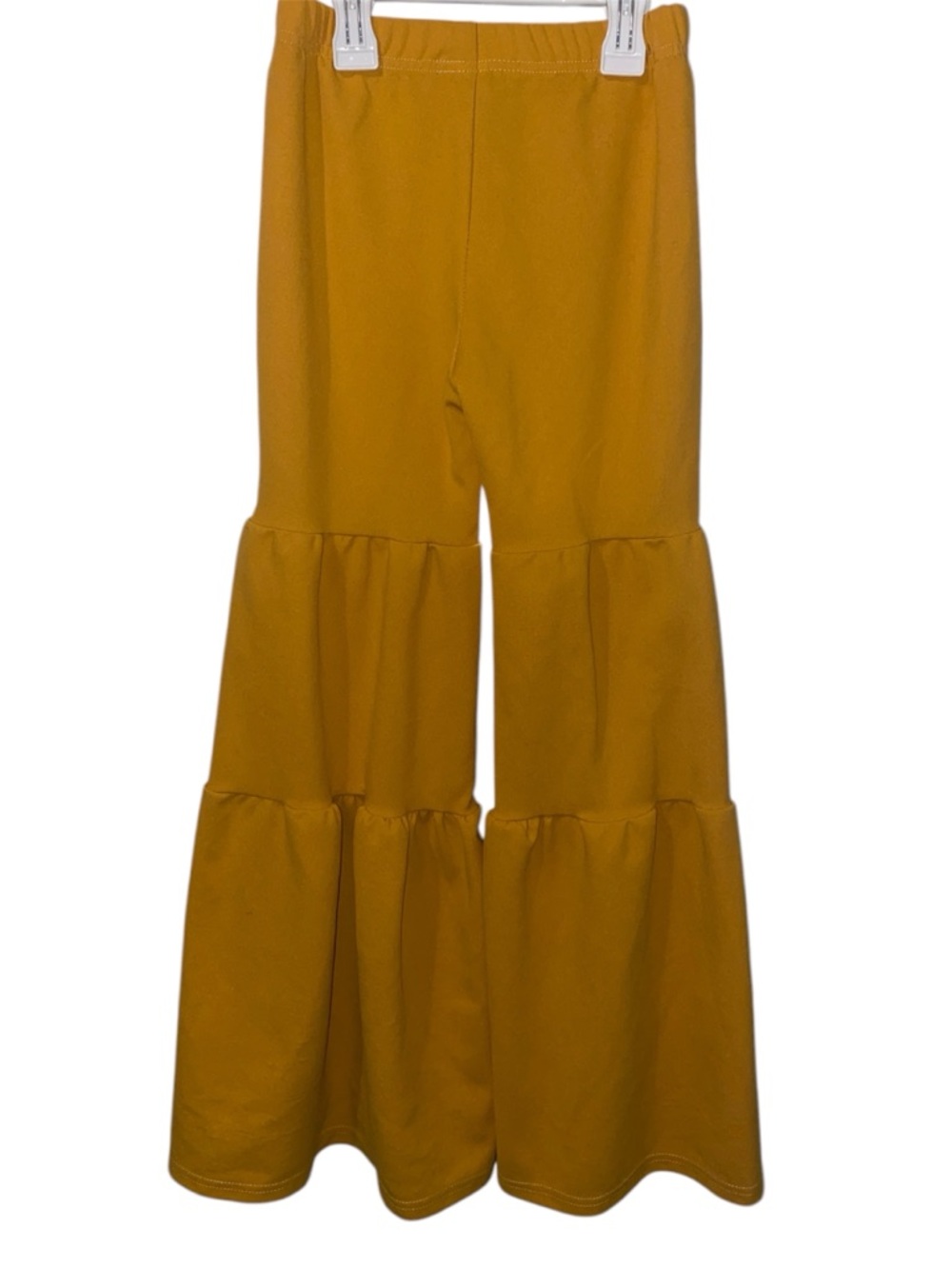 SHEIN Mustard Tiered Ruffle Bell Bottom Pants